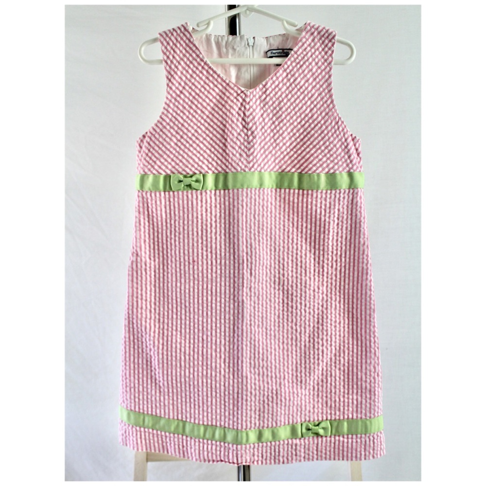 Hartstrings Pink Seersucker Dress Green Trim 6X